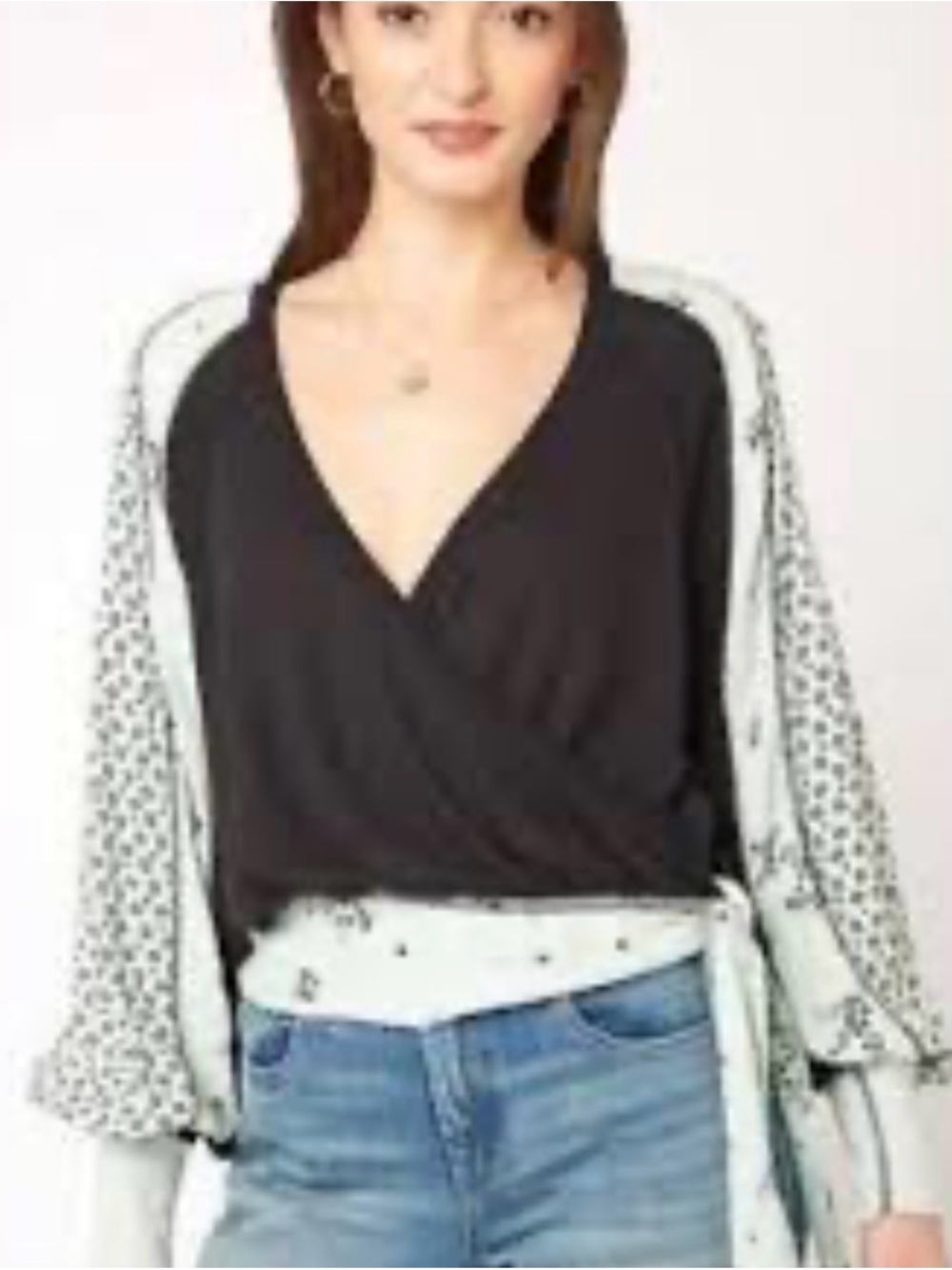 Free People Black Waffle Knit Bodice V-Neck Top Print Puff Sleeves & Trim Tie M